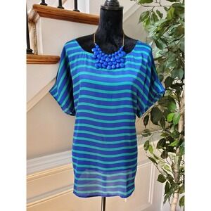 Hot in Hollywood Womens Blue Striped Polyester Round Neck Short Sleeve Blouse XL
